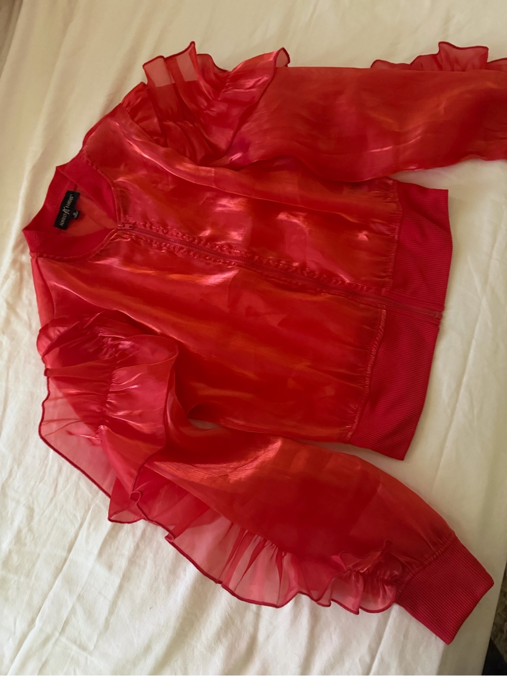 Sheer Ruffle Bomber Jacket - Red - Picture 7 of 12